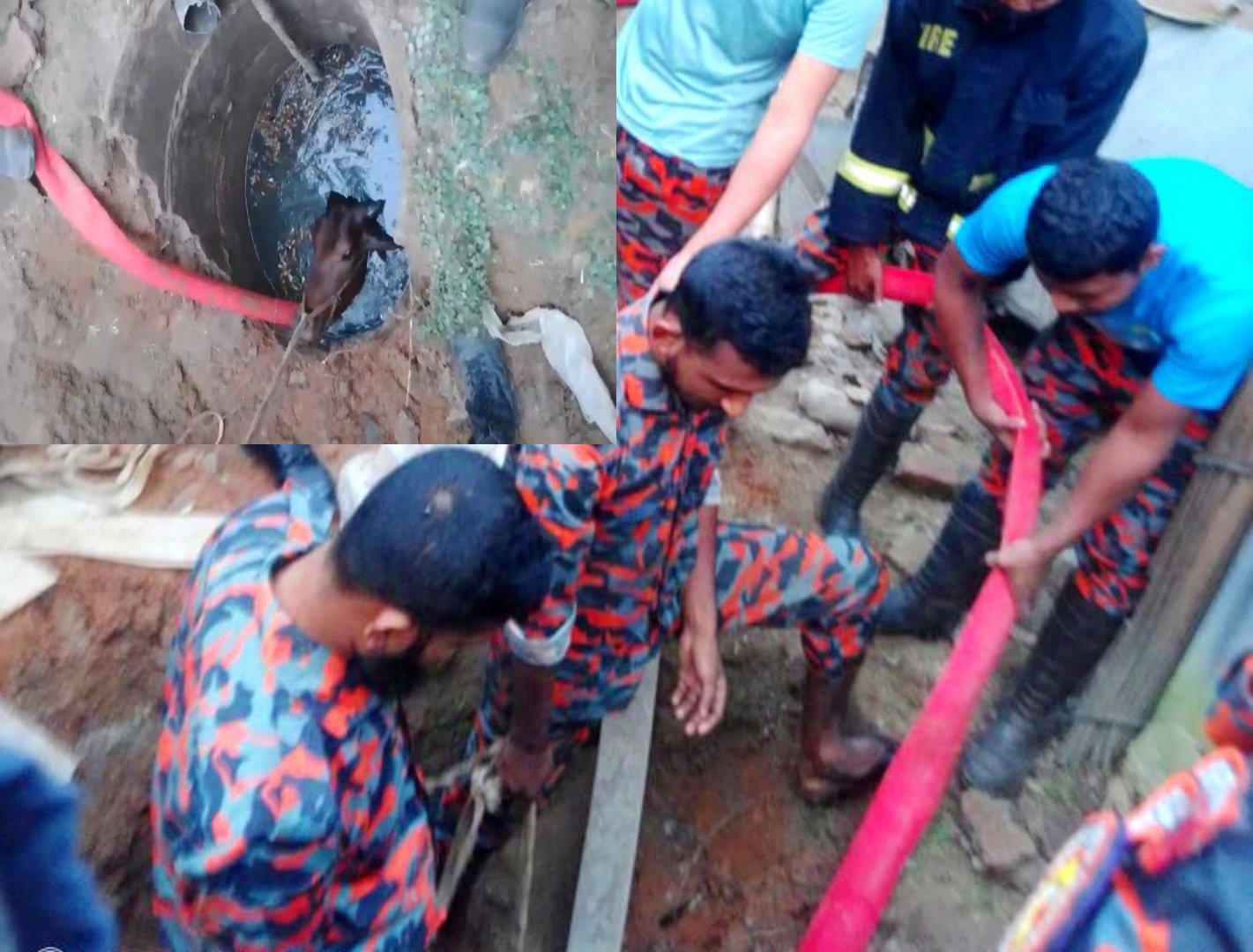 ঘোড়াঘাটে সেফটি টাংকিতে পড়ে যাওয়া গরু উদ্ধার করলো ফায়ারসার্ভিস  মনোয়ার বাবু, ঘোড়াঘাট (দিনাজপুর) প্রতিনিধিঃ  দিনাজপুরের ঘোড়াঘাটে বাড়ির ব্যবহৃত সেফটি টাংকিতে পড়ে গেছে গরু। খবর পেয়ে গরুটি উদ্ধার করছে ফায়ারসার্ভিসের সদস্যরা।  শনিবার (১৬ নভেম্বর) বিকাল ৫ টায় উপজেলার সদর ইউনিয়নের বেলতলী এলাকার আজিজুল রহমানের বাড়ি সেফটি টাংকি থেকে গরুটি উদ্ধার করা হয়।  স্থানীয়দের বরাত দিয়ে জানাযায়, সেফটি টাংকিতে পড়ে যাওয়া গরুটি এলাকার আজিজুর রহমানের। এদিন গরুটি আজিজুর রহমানের নিজেদের ব্যবহৃত সেফটি টাংকির ঢাকনার উপর সকলের অগোচরে অবস্থান করে। হটাৎ এসময় ঢাকানা ভেঙে নীচে পড়ে যায় গরুটি। নিজেরা অনেক চেষ্টা করেও গরুটি সেসময় উদ্ধার করা সম্ভব হয়নি। পরে ফায়ারসার্ভিসকে খবর দেওয়া হয়।  ফায়ারসার্ভিসের ওয়্যার হাউজ ইন্সপেক্টর আতাউর রহমান জানান, বিকাল ৩টার দিকে আজিজুল রহমানের বাড়ির বড় একটি গরু আনুমানিক ২৫ ফিট নীচে বাড়ির ব্যবহৃত সেফটি টাংকিতে পড়ে যায়। এসময় তারা নিজেরা অনেক চেষ্টা করে। পরে আমাদের খবর দিলে ঘটনাস্থলে গিয়ে উদ্ধার কার্যক্রম চালানো হয়। আধা ঘণ্টার চেষ্টার পর গরুটি উদ্ধার করতে সক্ষম হই। গরুটি উদ্ধার করে মালিককে বুঝিয়ে দেওয়া হয়েছে। আনুমানিক ৭০-৮০ হাজার টাকা দাম হবে গরুটির।